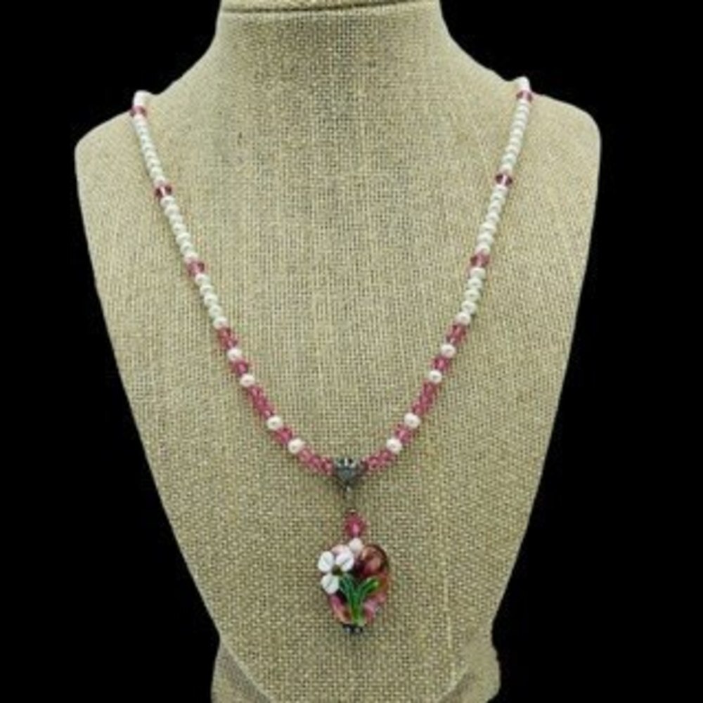 Genuine Fresh Water Pearl Necklace Blown Glass Gardenia Pendant